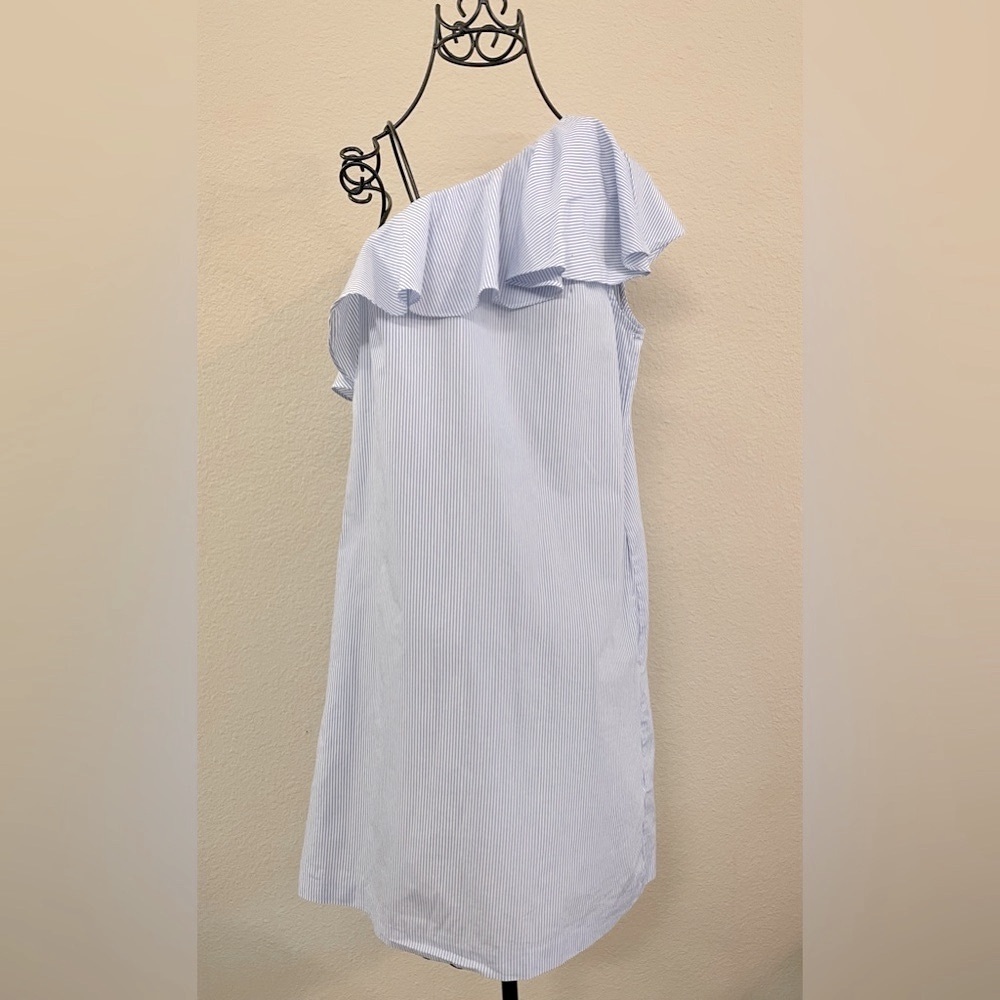 Donna Morgan One Shoulder Ruffle Shift Dress Blue White Stripe Size 4